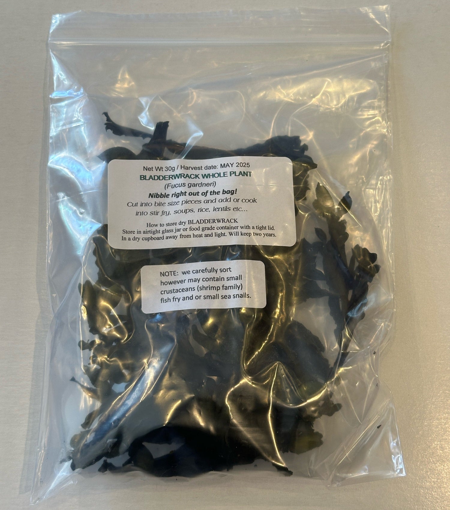 Clear plastic bag of dried seaweed