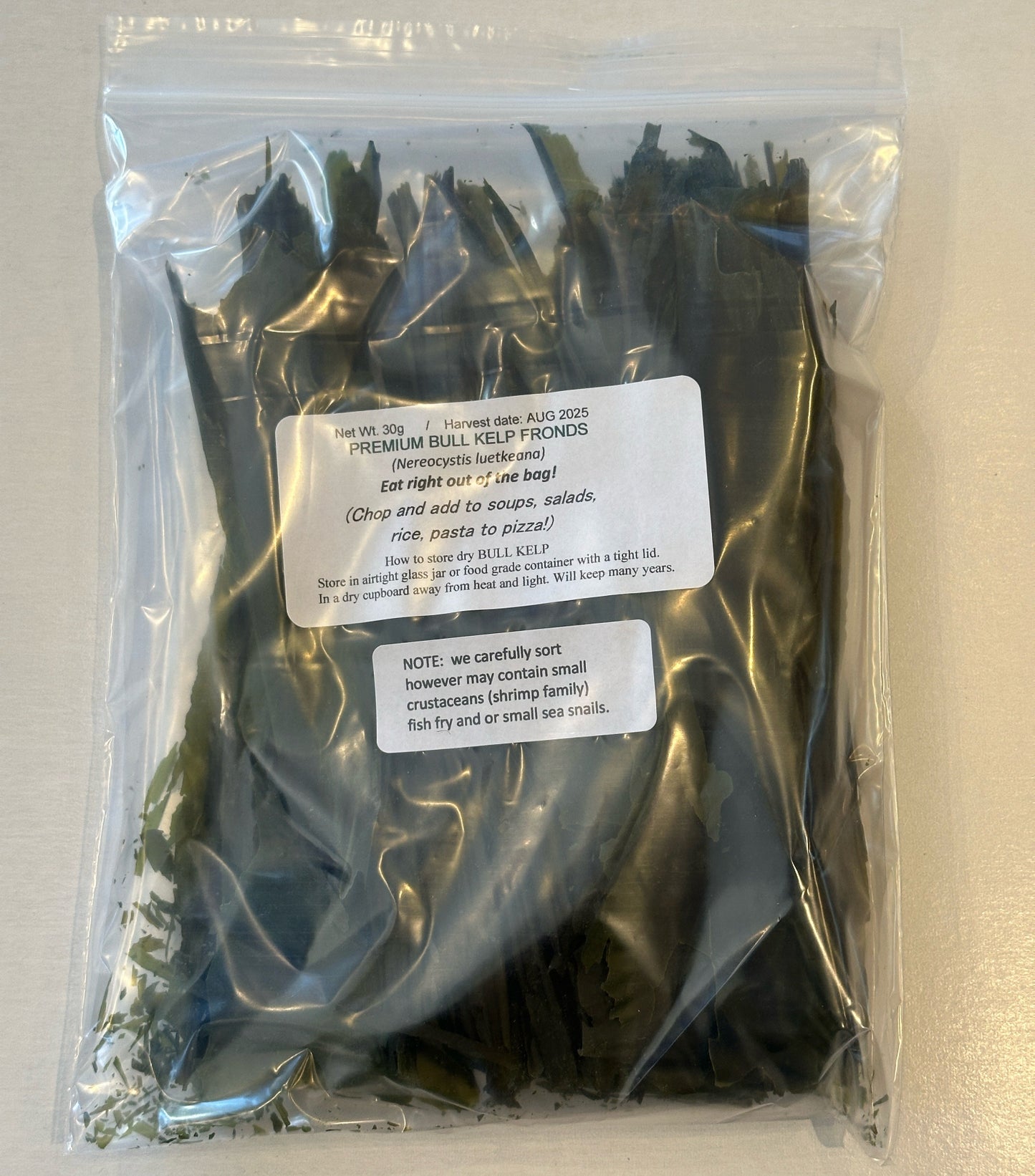 Clear plastic bag of dried seaweed