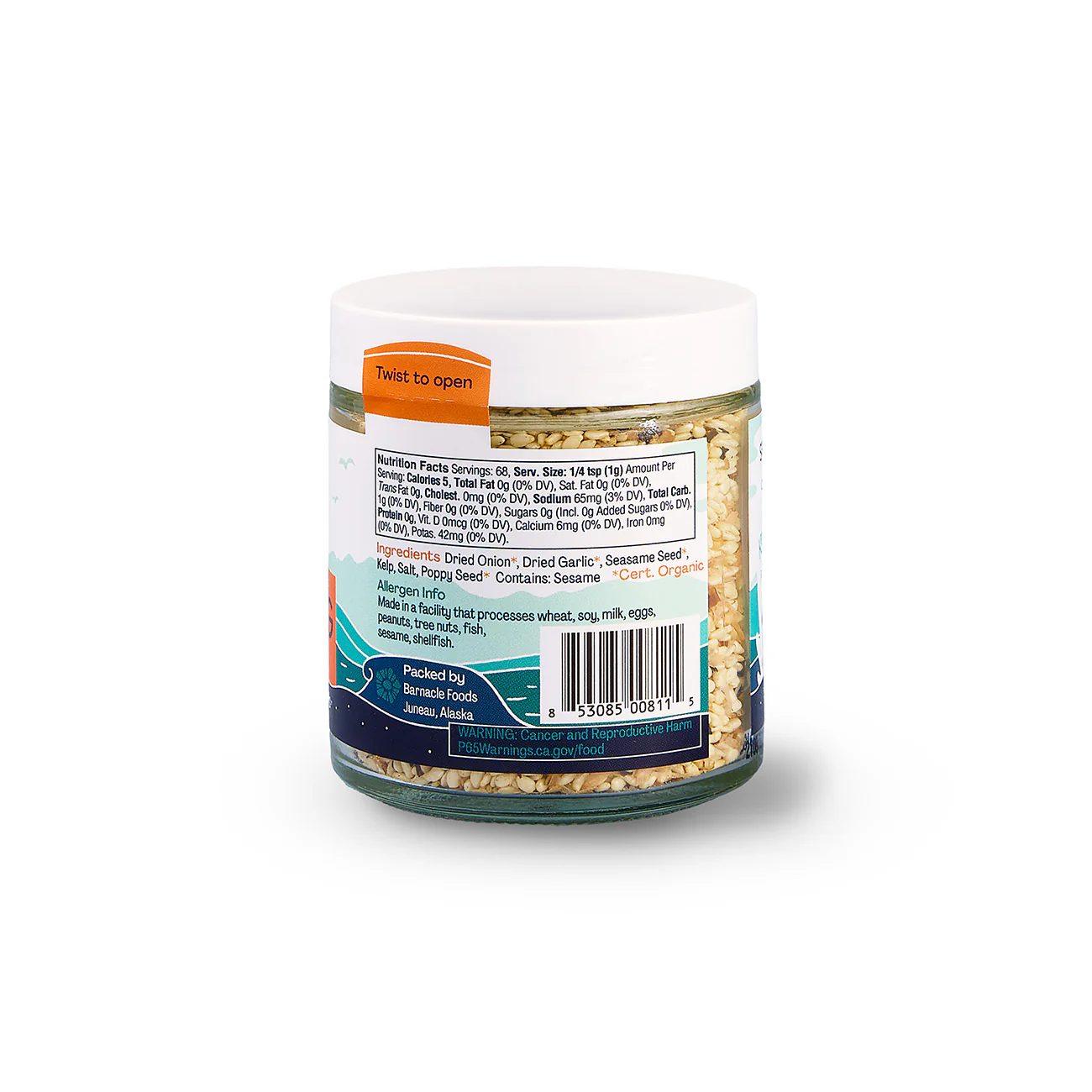 Jar of seasoning with a label on a white background