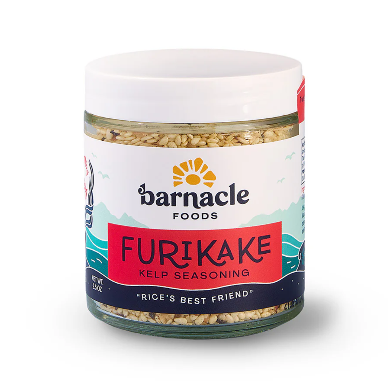 Jar of Barnacle Foods Furikake kelp seasoning on a white background
