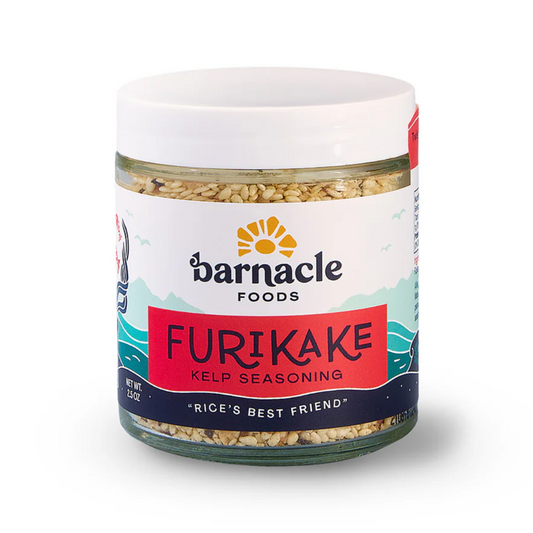 Jar of Barnacle Foods Furikake kelp seasoning on a white background
