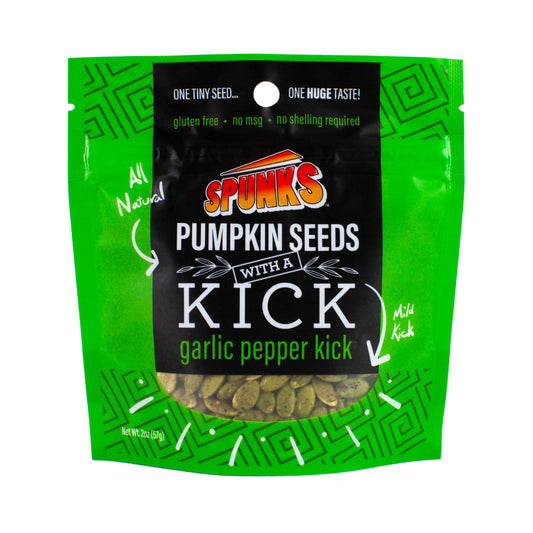 Spunks Pumpkin Seeds with a Kick garlic pepper kick packaging on a white background