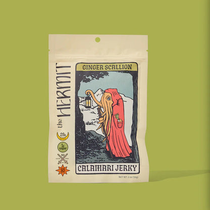 Calamari Jerky packaging with illustration of a hermit and text on a green background