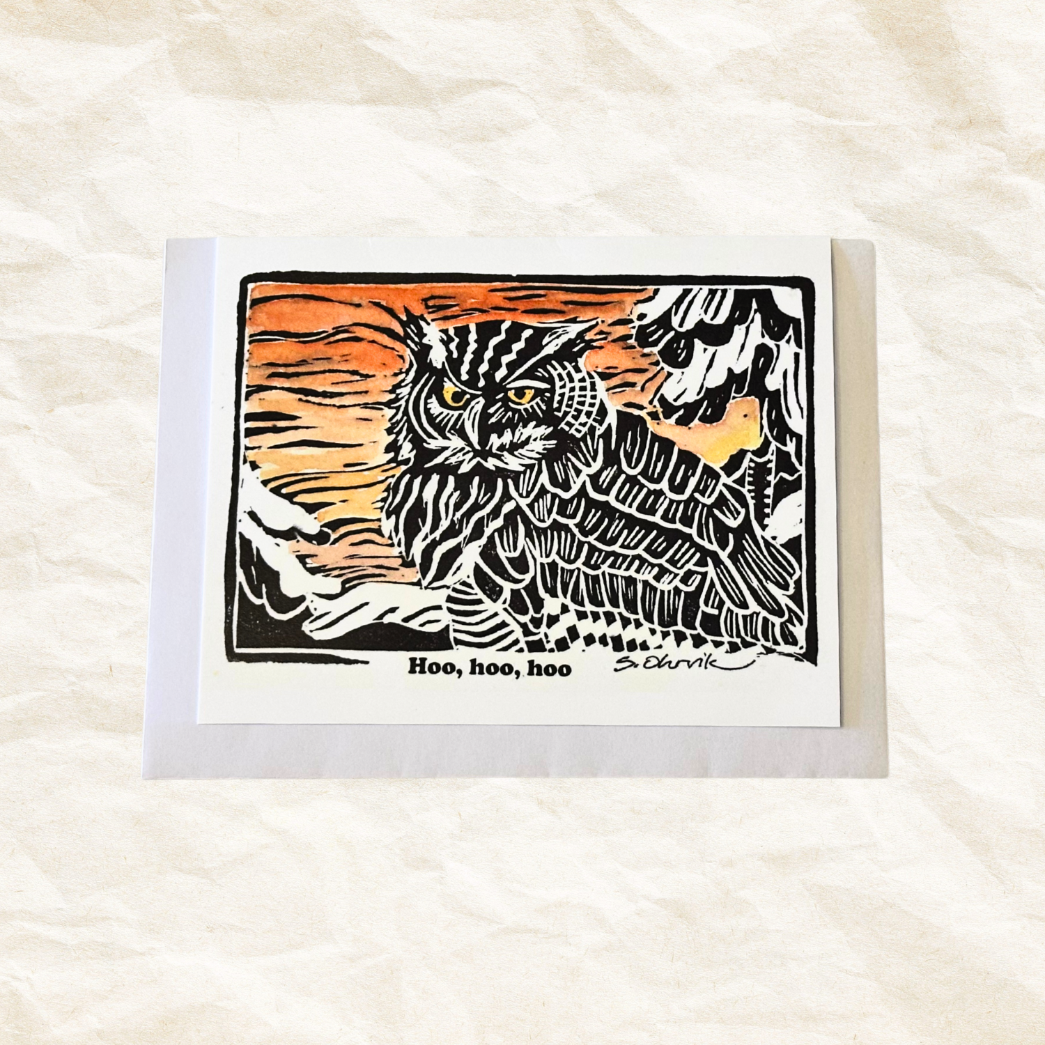 Card with an owl illustration on a white background