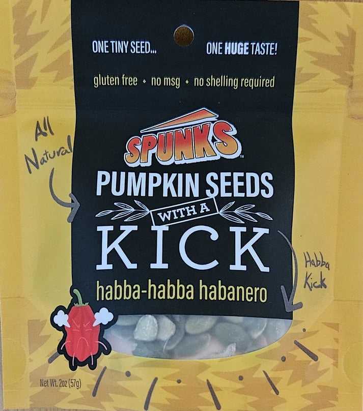 Spunks pumpkin seeds with habba-habana habanero flavor on a yellow background