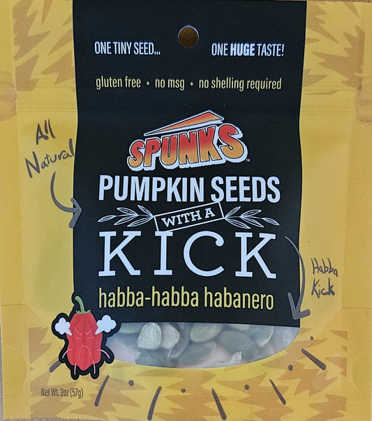 Spunks pumpkin seeds with habba-habana habanero flavor on a yellow background