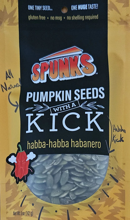 Spunks pumpkin seeds with habba-habana habanero flavor on a yellow background