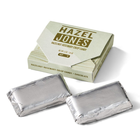 Box of Hazel Jones candy with two silver foiled wrapped candies