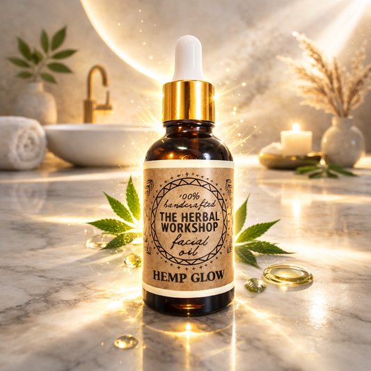 Bottle of 'Hemp Glow' facial oil from 'The Herbal Workshop' on a marble surface with decorative elements.