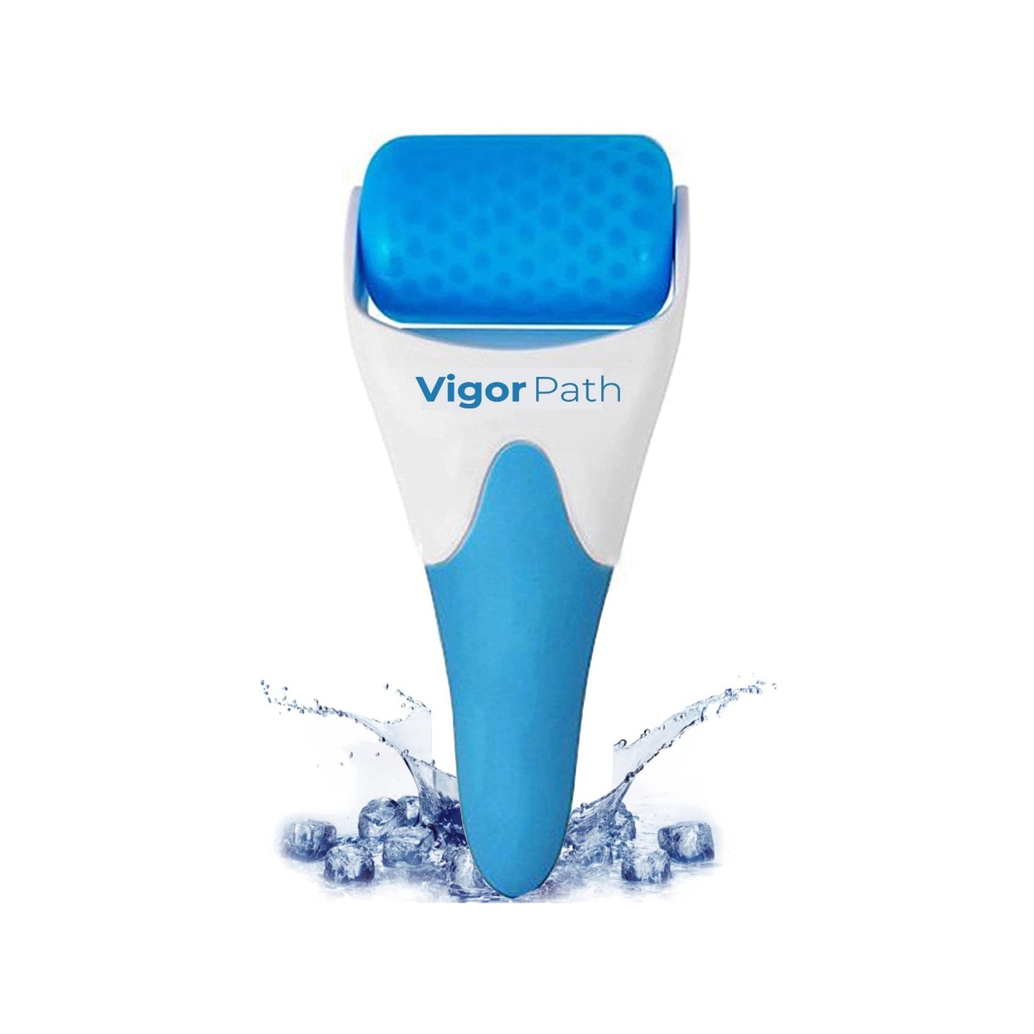 Blue and white skin care tool with 'Vigor Path' branding on a white background
