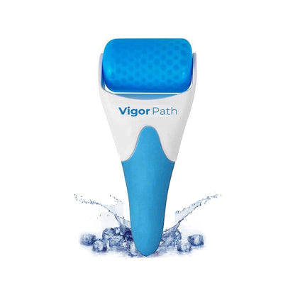 Blue and white skin care tool with 'Vigor Path' branding on a white background