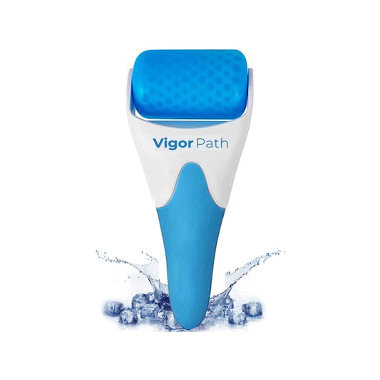 Blue and white skin care tool with 'Vigor Path' branding on a white background