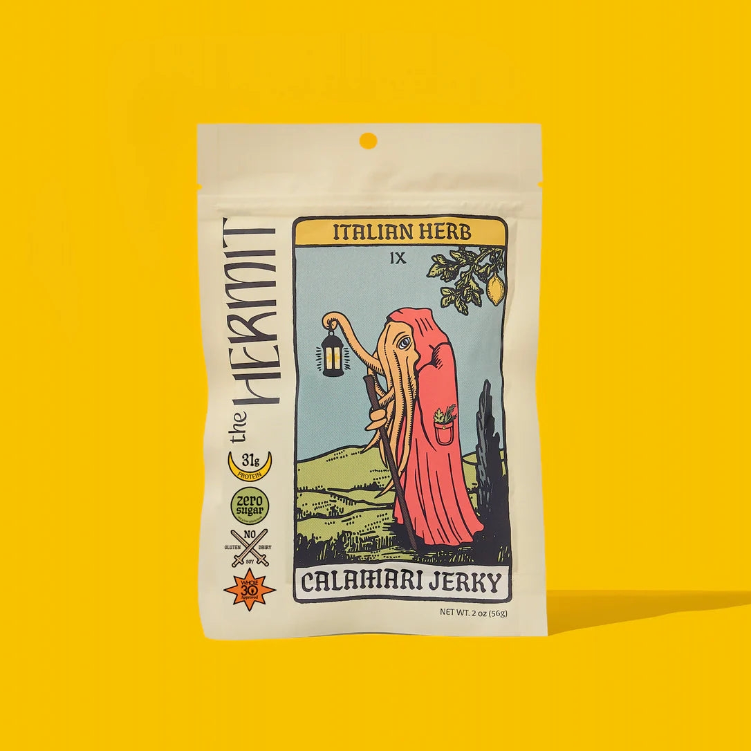 Calamari Jerky package with Tarot card design on a yellow background