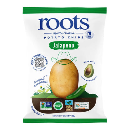 Roots Jalapeno potato chips packaging on a white background