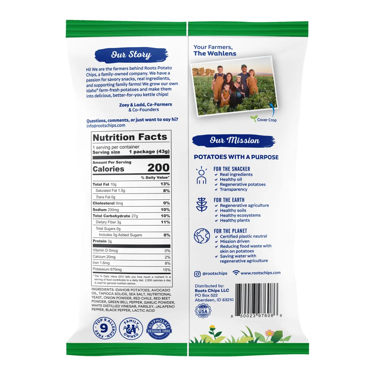 Back of a Roots Potato Chips package with nutritional information, branding, and family photo.
