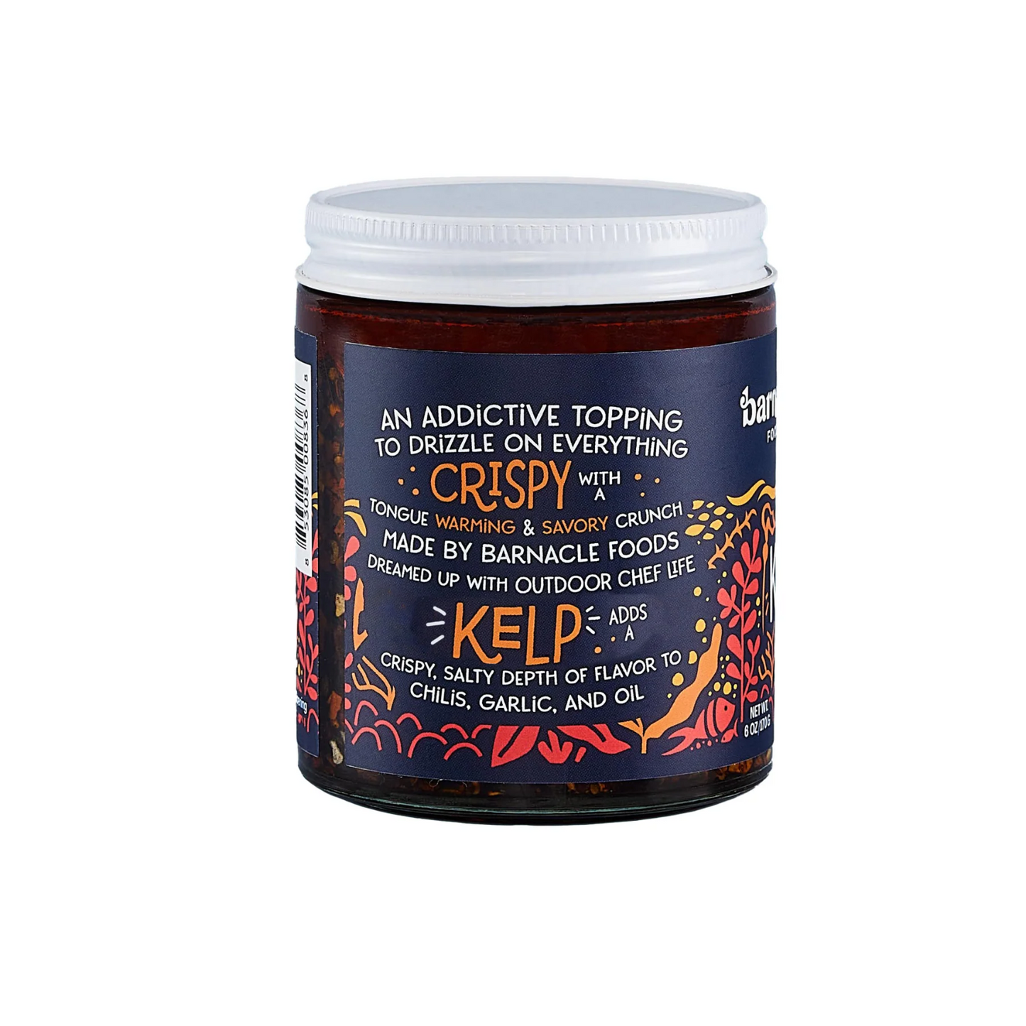 Jar of Barnacle Foods Kelp with colorful label on a white background