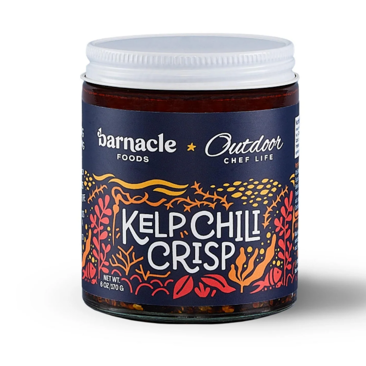 Jar of Kelp Chili Crisp by Barnacle Foods on a white background