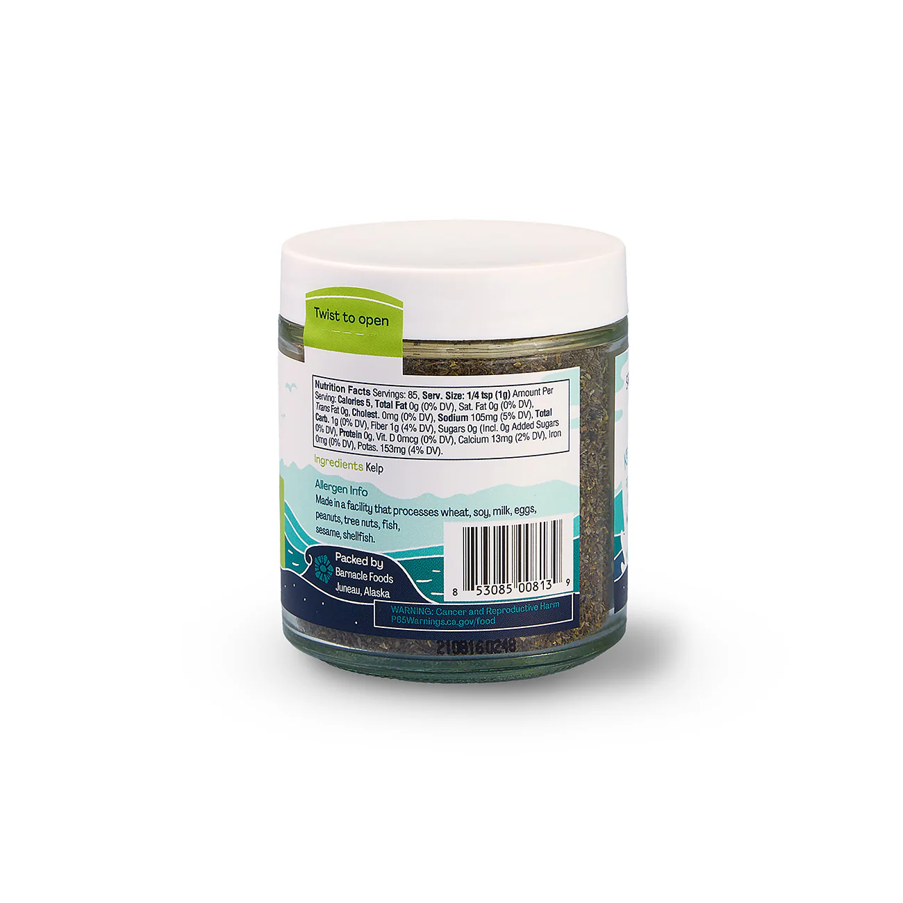 Back view of a jar with a label on a white background