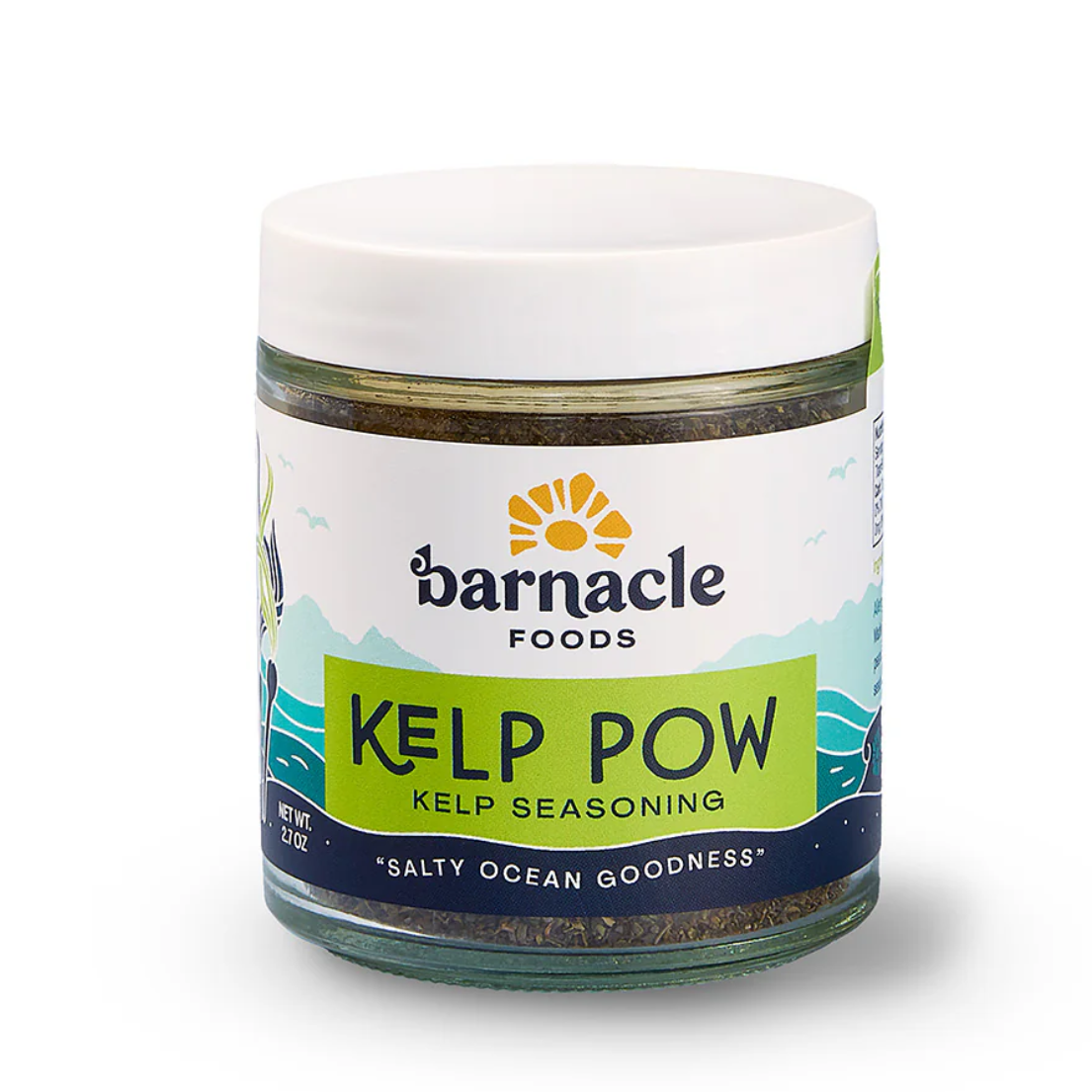 Jar of Barnacle Foods Kelp Pow seasoning on a white background