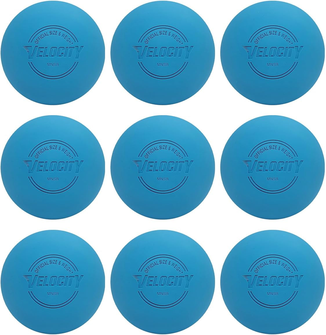 Multiple blue lacrosse balls with 'Velocity' branding on a white background