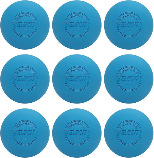 Multiple blue lacrosse balls with 'Velocity' branding on a white background