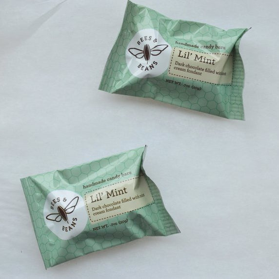 Light green wrappers on the Lil' Mint dark chocolate peppermint candies