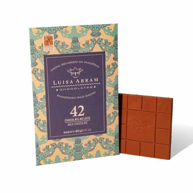 Chocolate bar with decorative packaging featuring 'Luisa Abram' branding on a white background