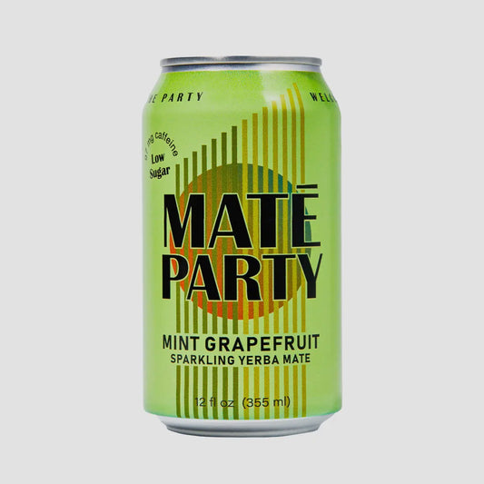 A can of Maté Party Mint Grapefruit Sparkling Yerba Mate, displaying the brand name and flavor with a green background and pattern design.