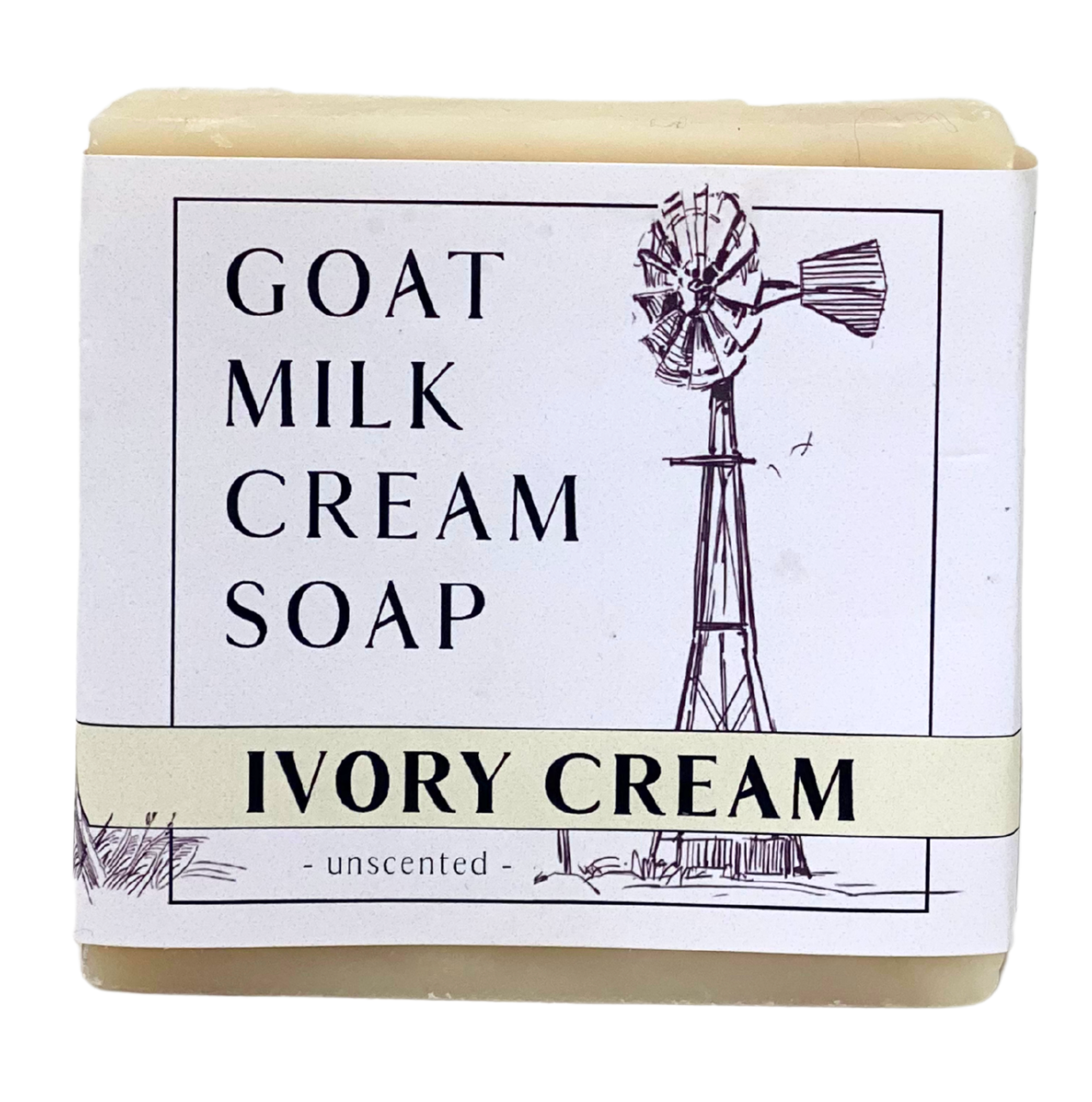 Bar of goat milk cream soap with a windmill illustration on the label.
