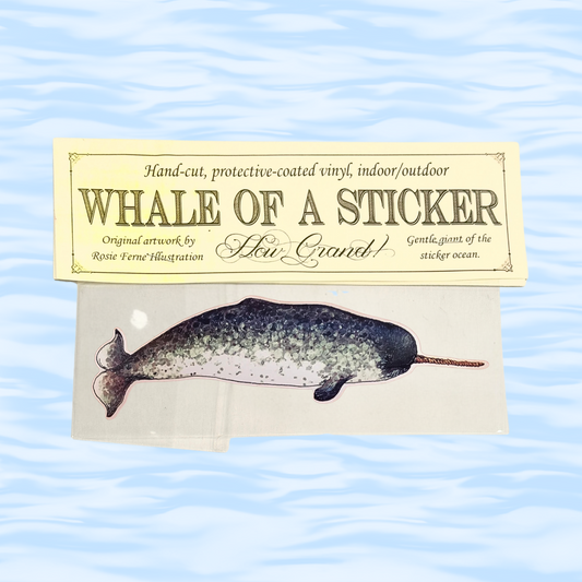 Whale-shaped sticker on a card with text about the product on a wavy blue background