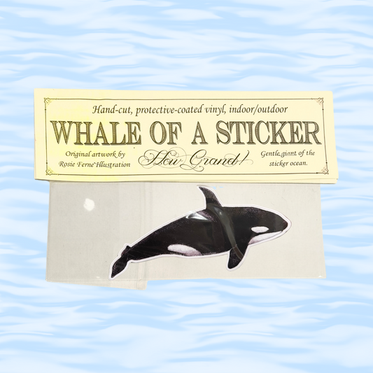Whale-shaped sticker on a card with text about the product on a wavy blue background