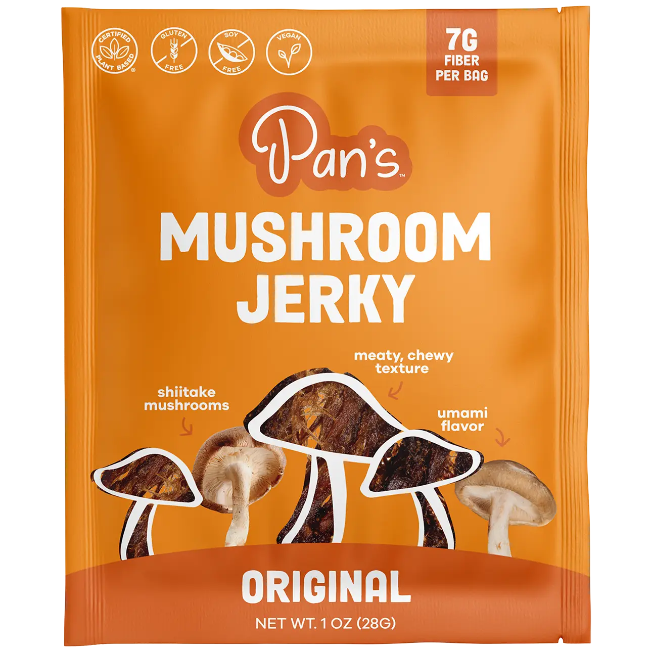 Packaging of Pan's Mushroom Jerky with mushroom illustrations on an orange background