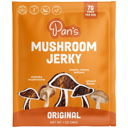 Packaging of Pan's Mushroom Jerky with mushroom illustrations on an orange background