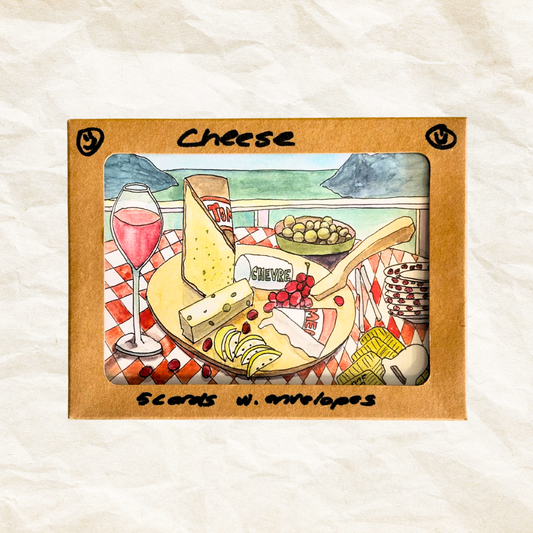 Illustration of a cheese platter with wine and olives on a textured surface