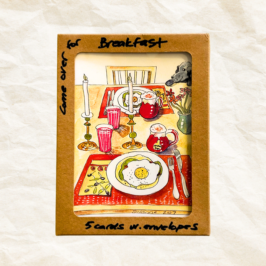 Card with a breakfast scene illustration on a brown cardstock background