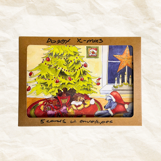 Christmas card with a dog, tree, and star design on a textured white background