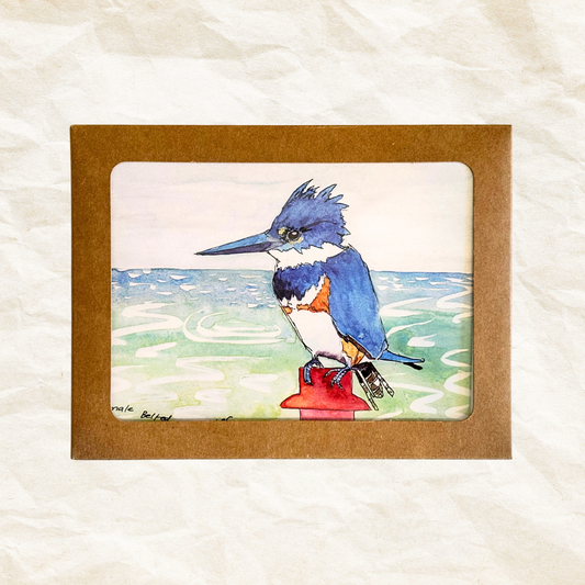 Illustration of a blue bird on a red object with a brown border, on a textured white background