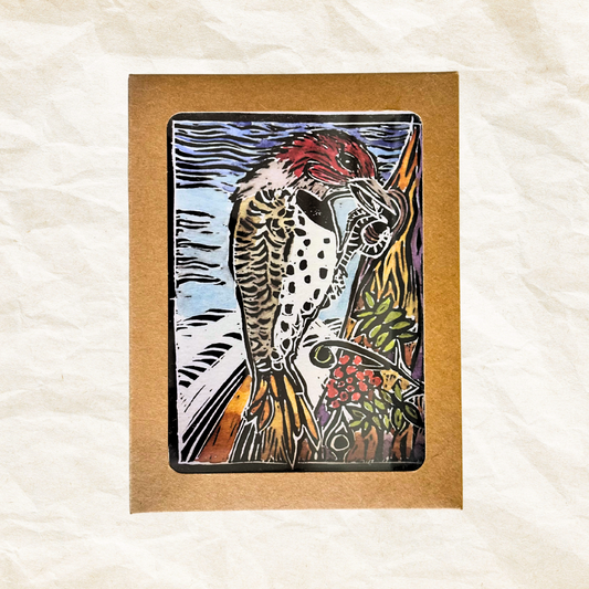 Card with a colorful illustration of a bird on a textured white background
