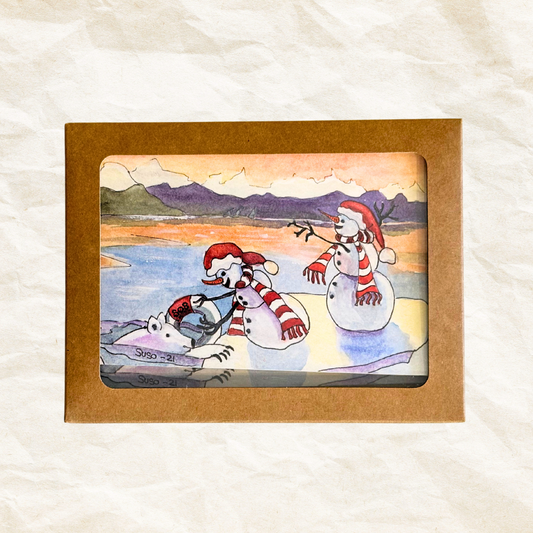 Card with a snowman and polar bear illustration on a white background