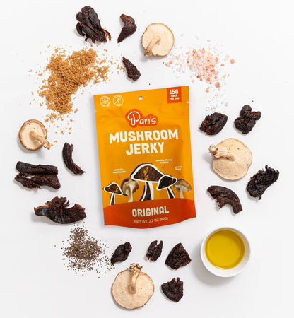 Packaged mushroom jerky with ingredients on a white background