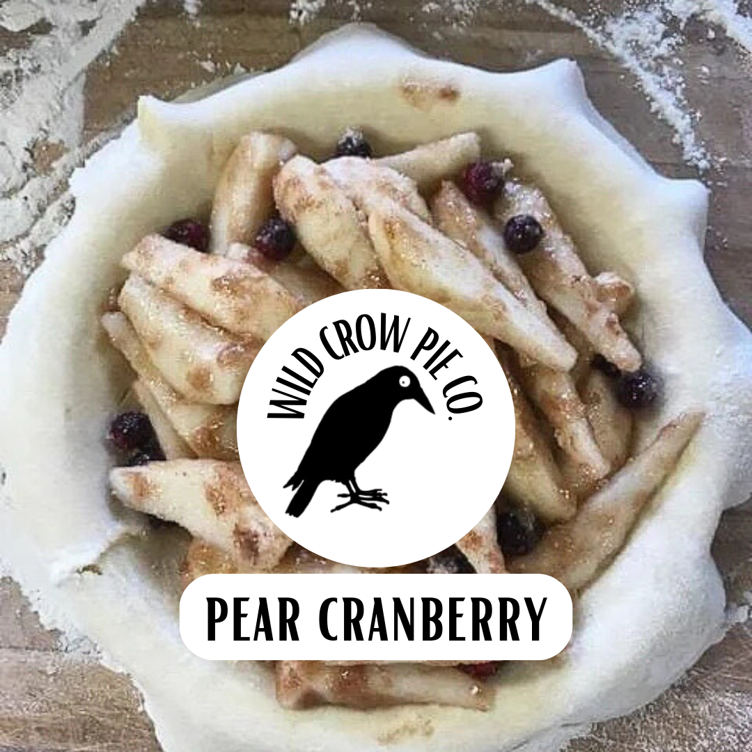 Pear cranberry pie with Wild Crow Pie Co logo