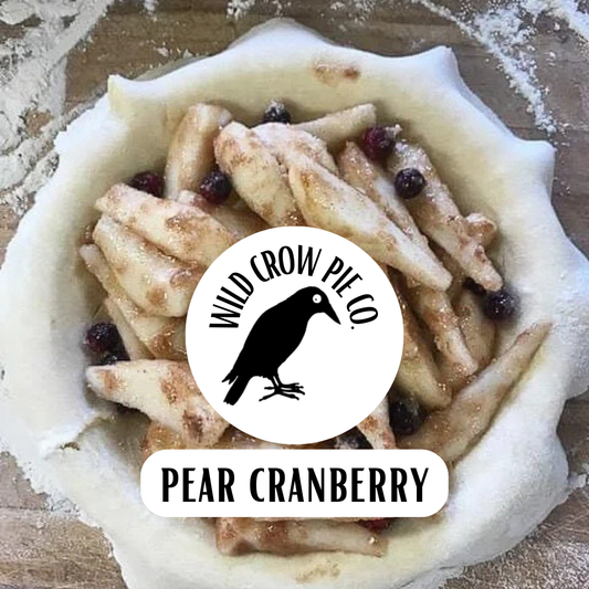 Pear cranberry pie with Wild Crow Pie Co logo