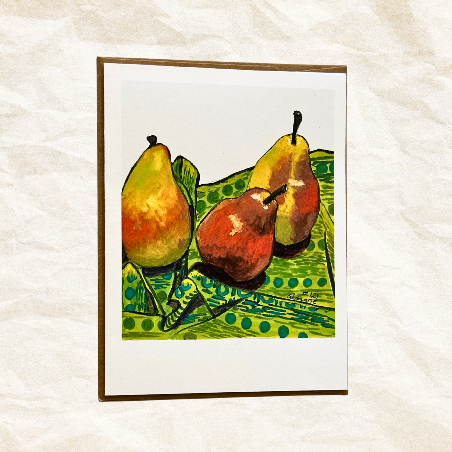 Artwork of three pears on a green plate with a white background