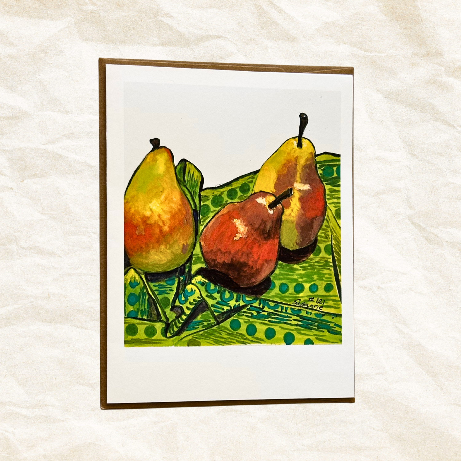 Artwork of three pears on a green plate with a white background