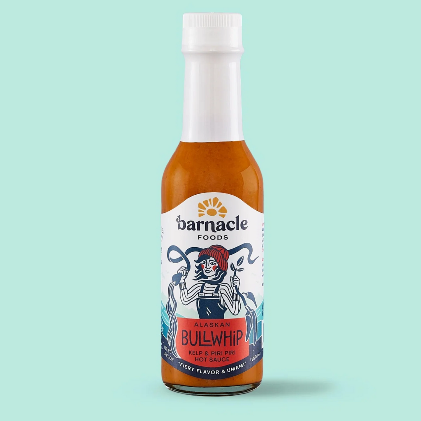 Bottle of Barnacle Foods Bullwhip hot sauce on a light blue background
