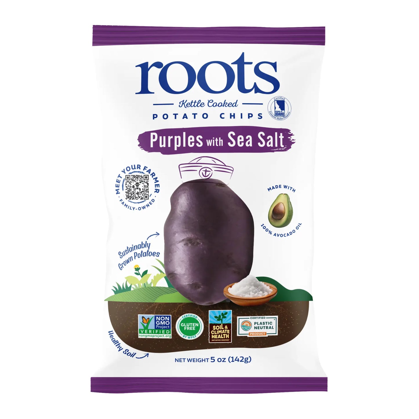 Bag of purple potato chips with sea salt on a white background