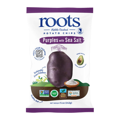 Bag of purple potato chips with sea salt on a white background