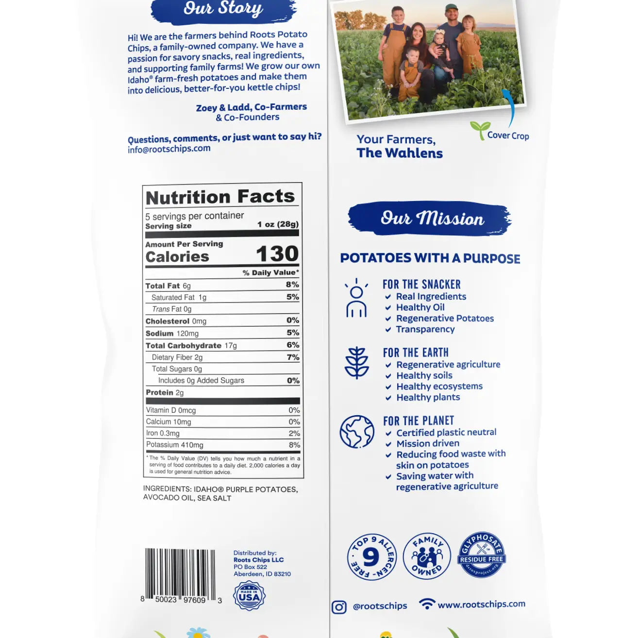 Back of a potato chip packaging with nutritional information, farmer's story, and mission statement.