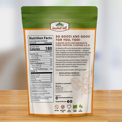 Back of package of roasted hazelnuts with nutritional facts