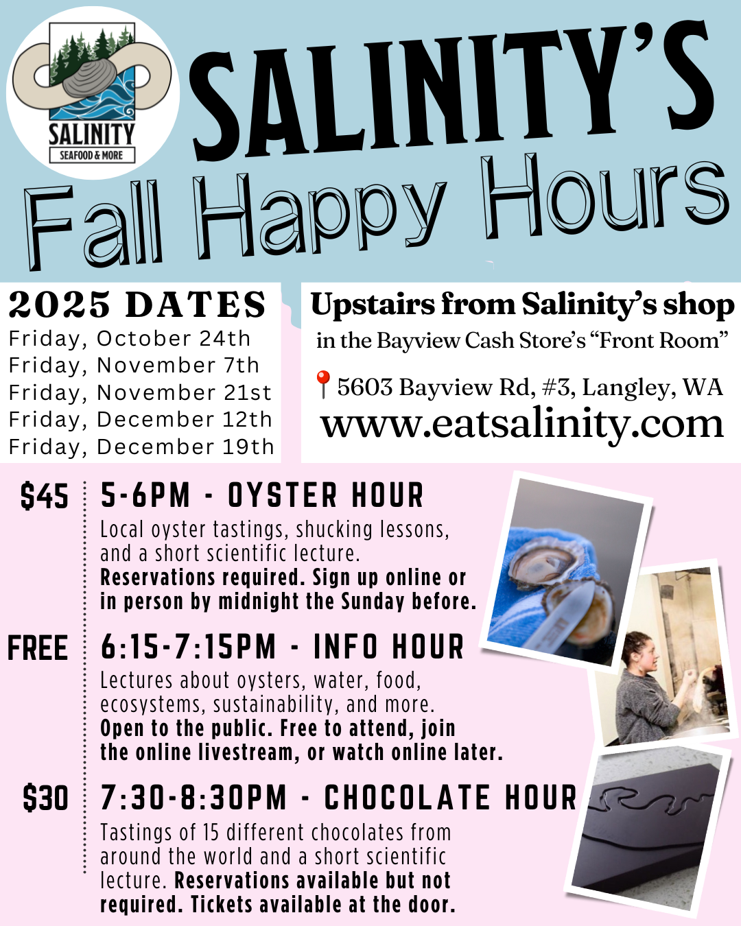 Promotional flyer for Salinity's Fall Happy Hours event with dates, times, and activities.